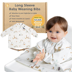 BIBaDO coverall bib on a baby at a highchair keeps mess contained.