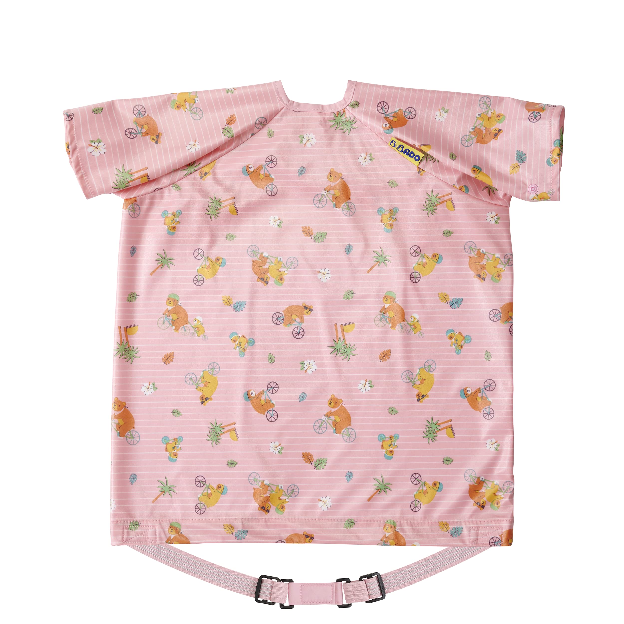 BIBaDO coverall bib on a highchair tray keeps meals mess-free.