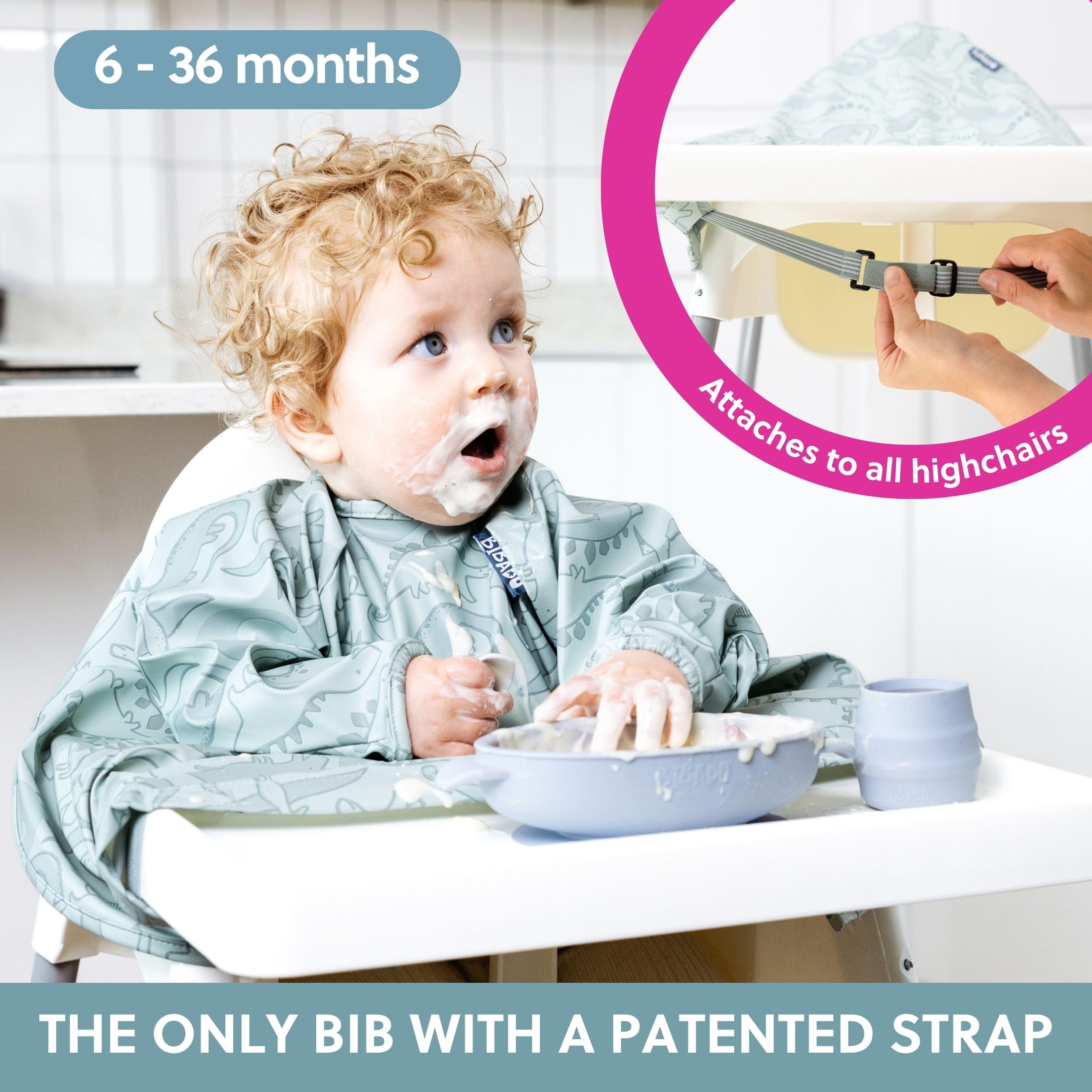 Bibado Coverall Bib on stroller use helps contain mess while on the go.