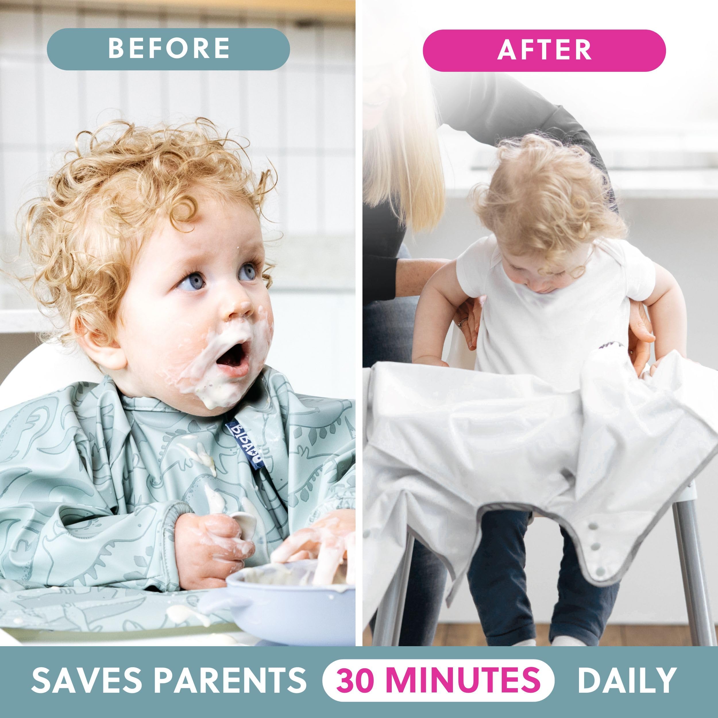 Bibado coverall bib used directly on a table for feedings.