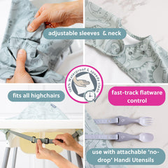 Bibado Coverall Bib on table use keeps feeding tidy even without a tray.