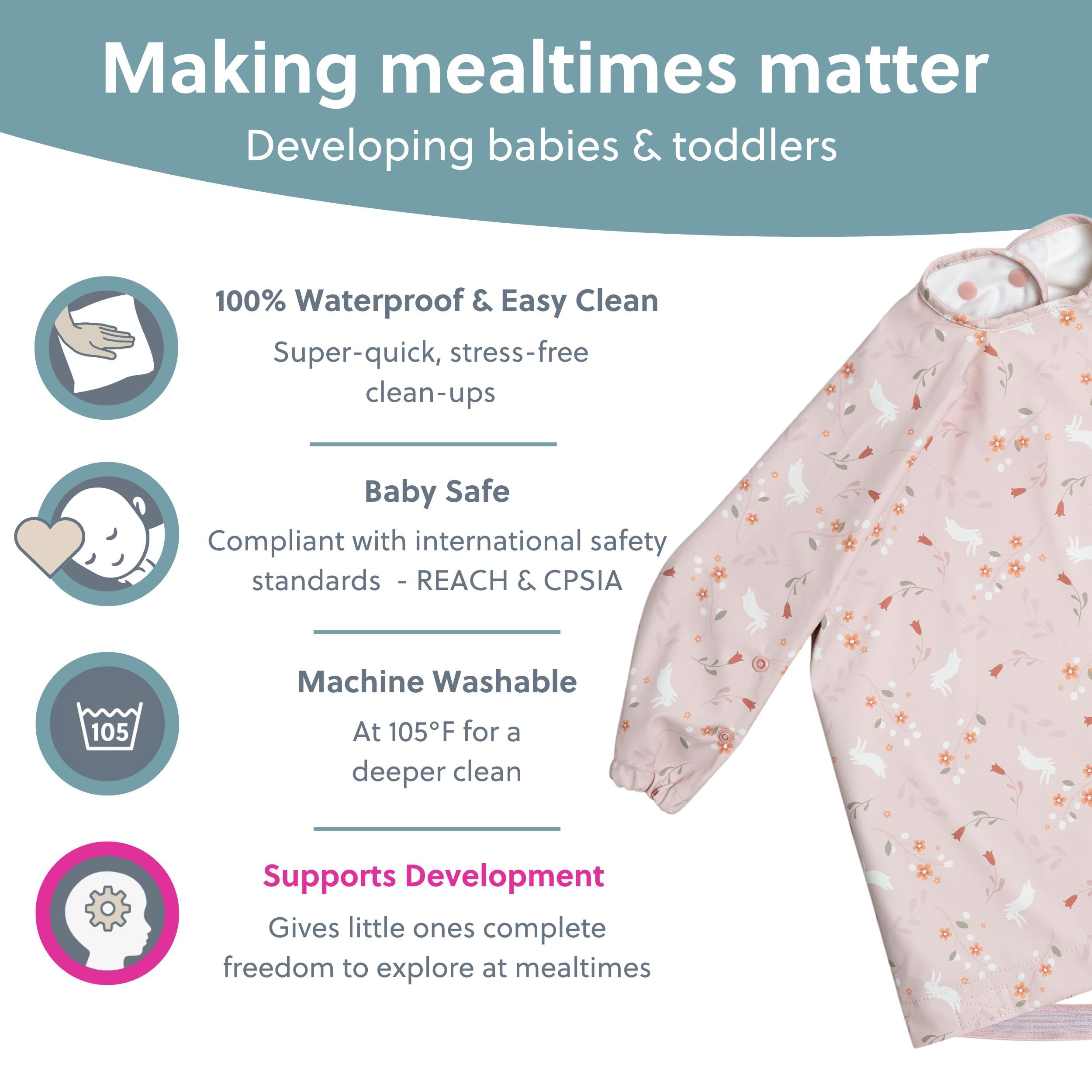 Bibado coverall bib compatible with strollers for mess-free travel.