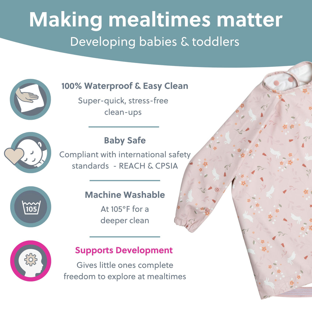 Bibado coverall bib compatible with strollers for mess-free travel.