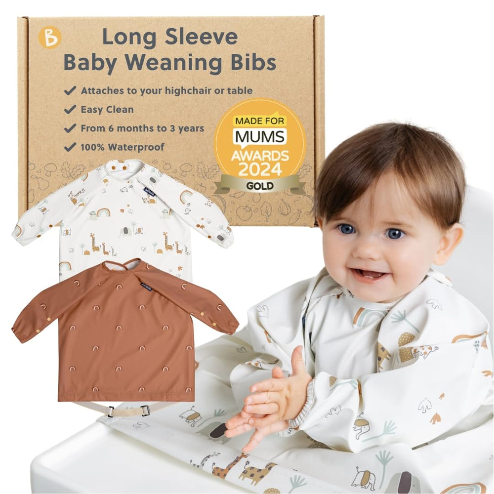 BIBaDO Coverall Bib worn by baby on high chair for mess-free meals