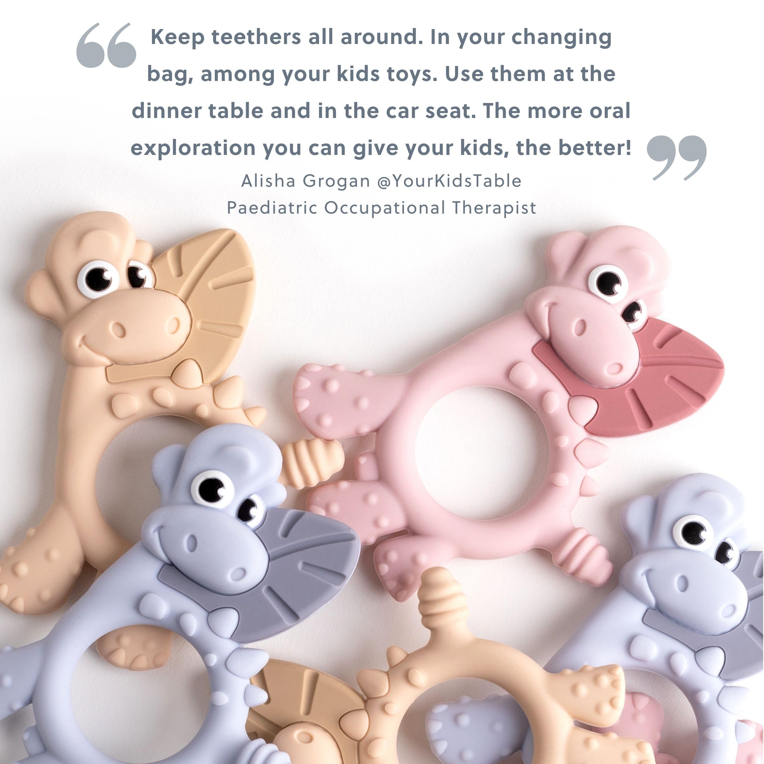 Bibado Dotty teether displays a British brand focused on practical feeding solutions.
