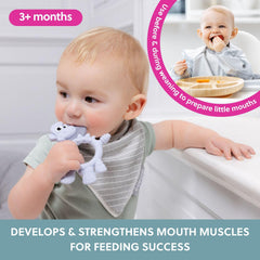 Bibado Dotty teether with five textures designed to encourage safe mouth exploration.