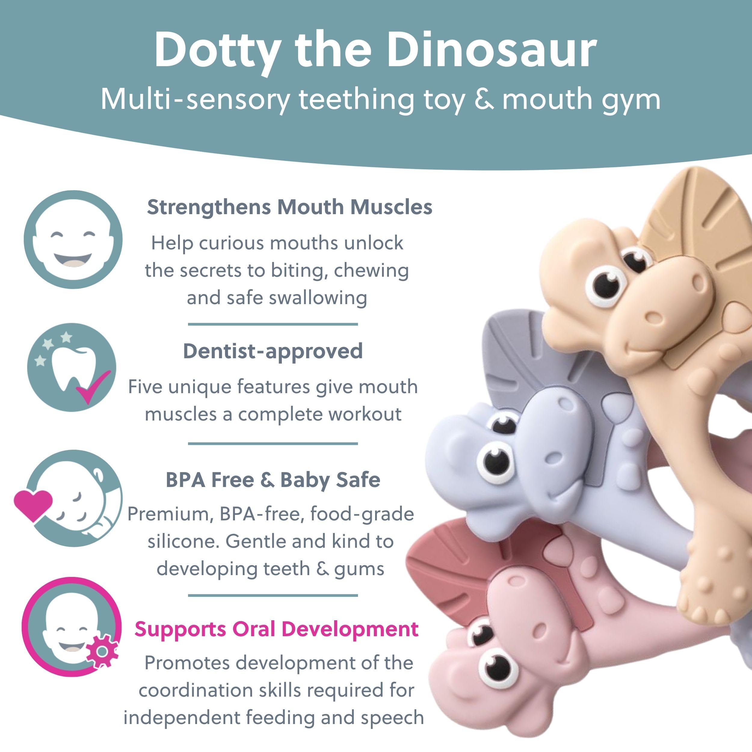 Bibado Dotty the Dinosaur Mist teether supports self-feeding practice for little hands.