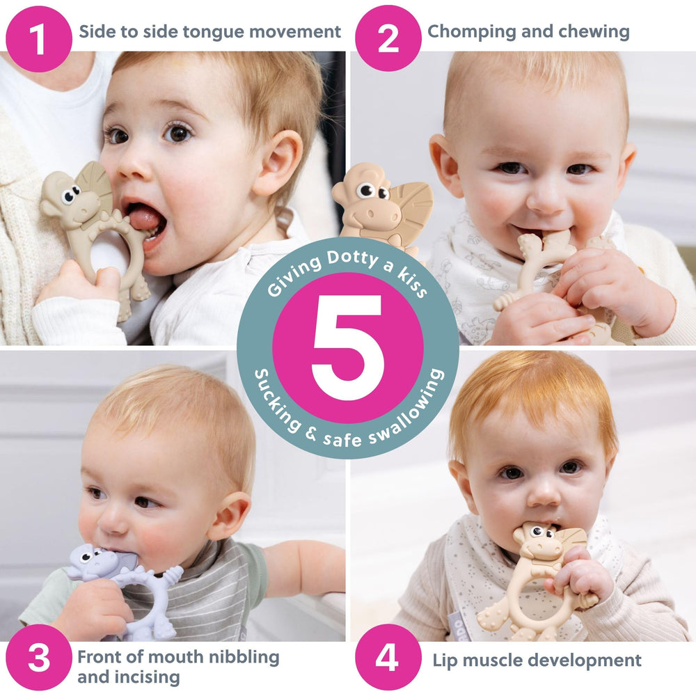 Bibado Dotty teether pairs with Dippit spoon to coordinate tongue movements.