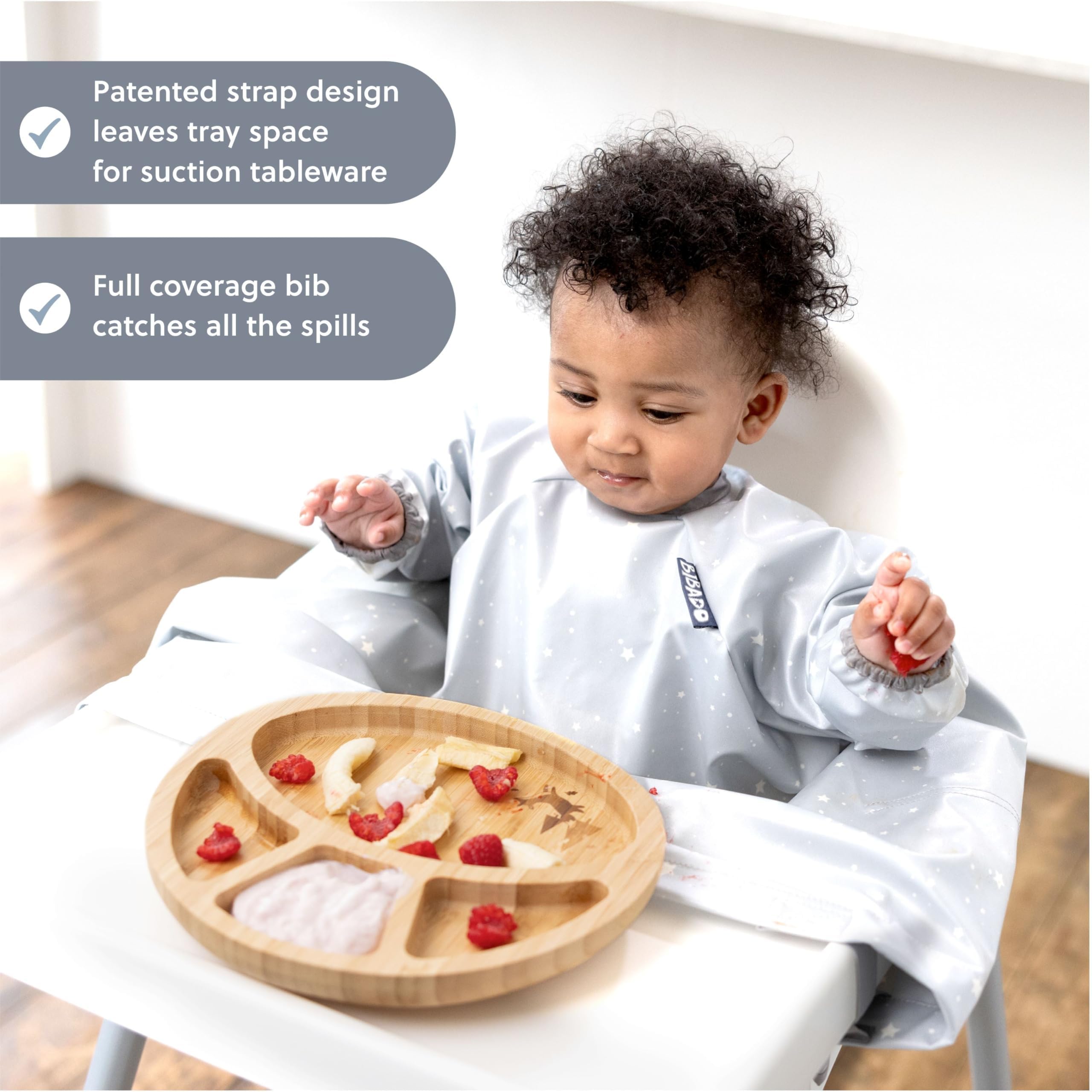 BIBaDO Handi Cutlery attached to the bib reduces dropped spoons.