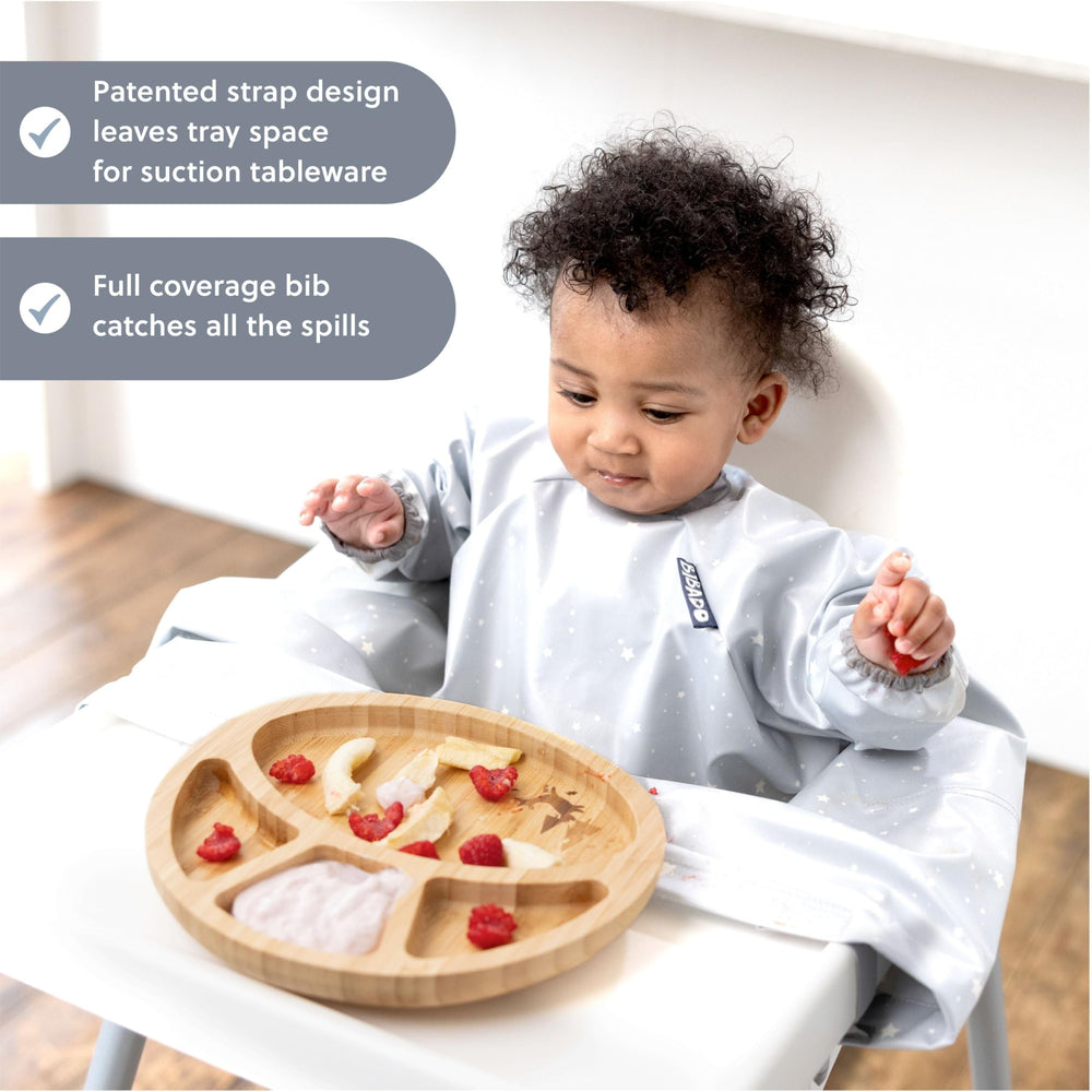 BIBaDO Handi Cutlery attached to the bib reduces dropped spoons.