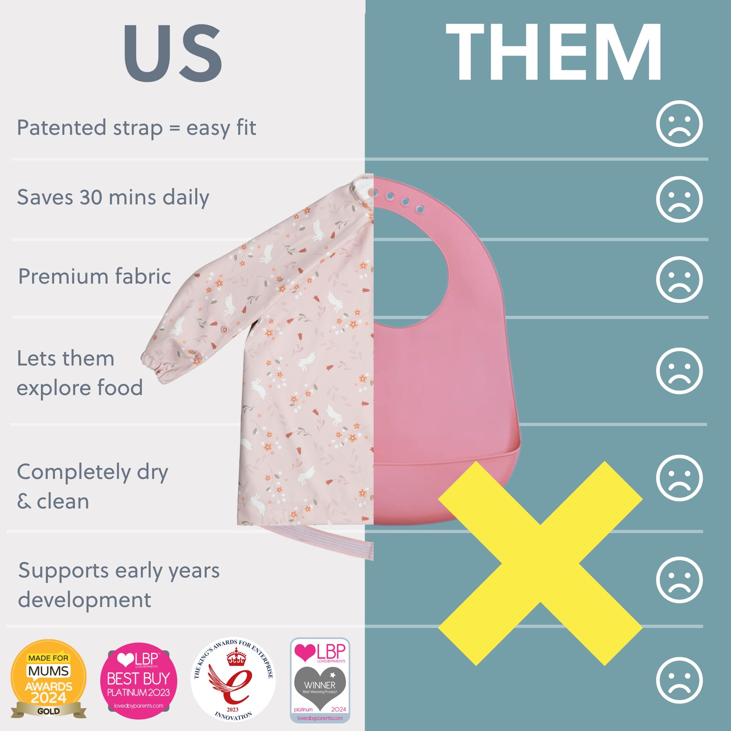 Bibado long-sleeve bib helps keep baby dry during messy meals.
