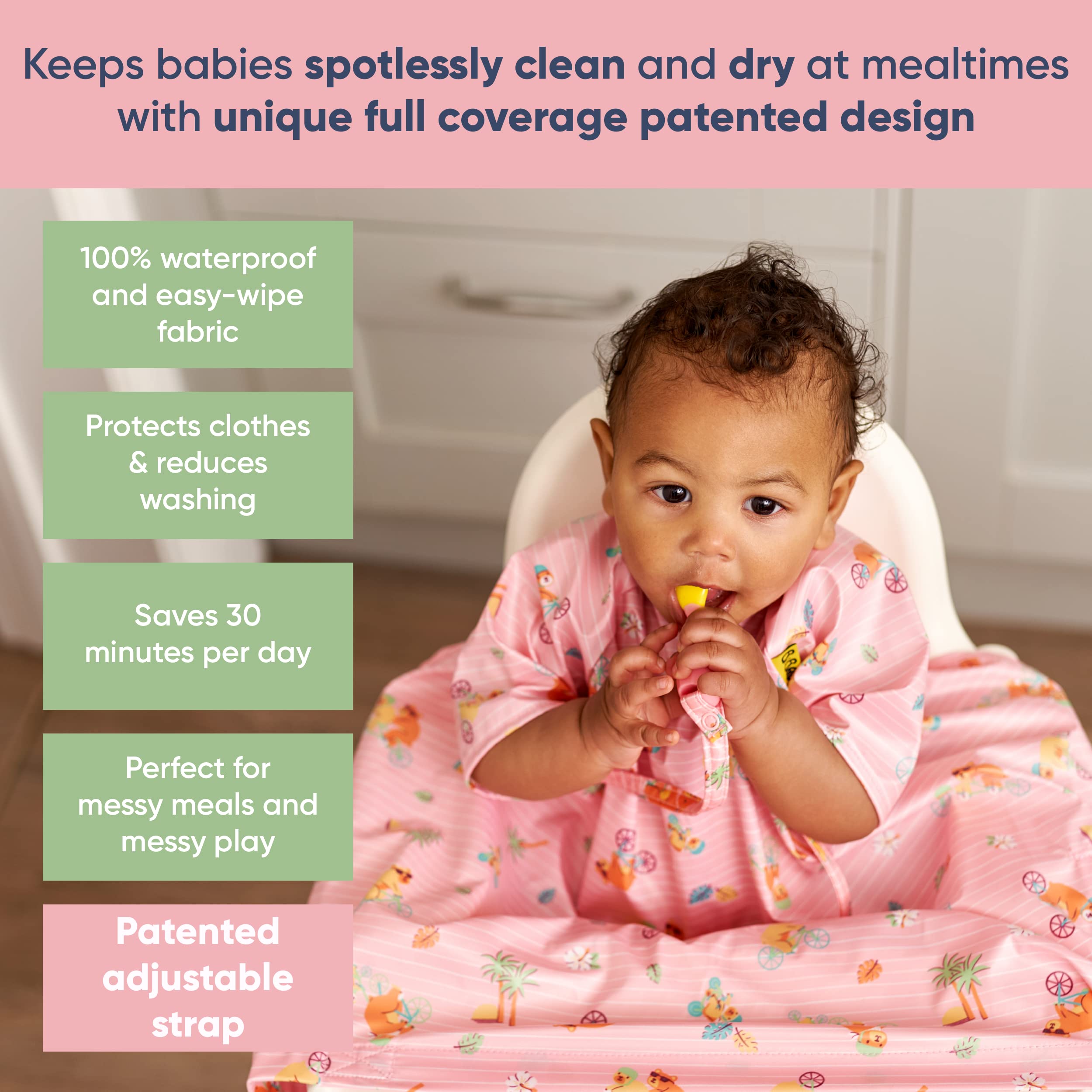 BIBaDO long sleeve bib easily wiped clean after meals.