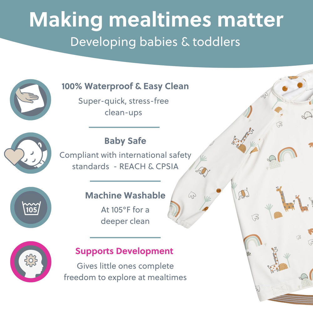 Stroller use shows the bib fitting securely for on-the-go meals.
