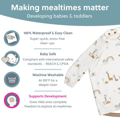 Stroller use shows the bib fitting securely for on-the-go meals.
