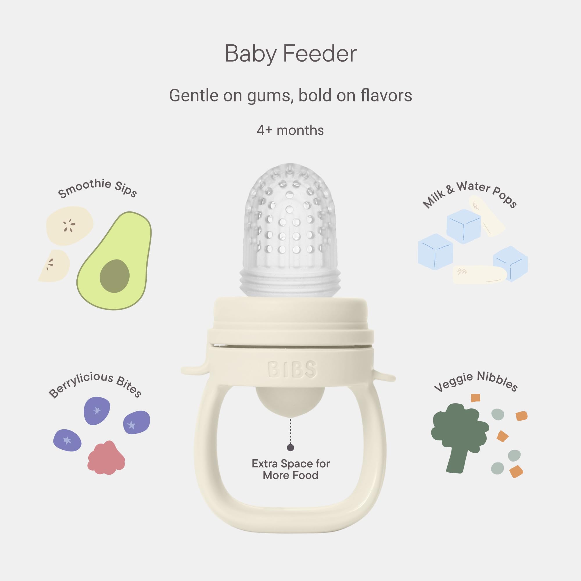 BIBS Baby Feeder promotes self-feeding with small hands.