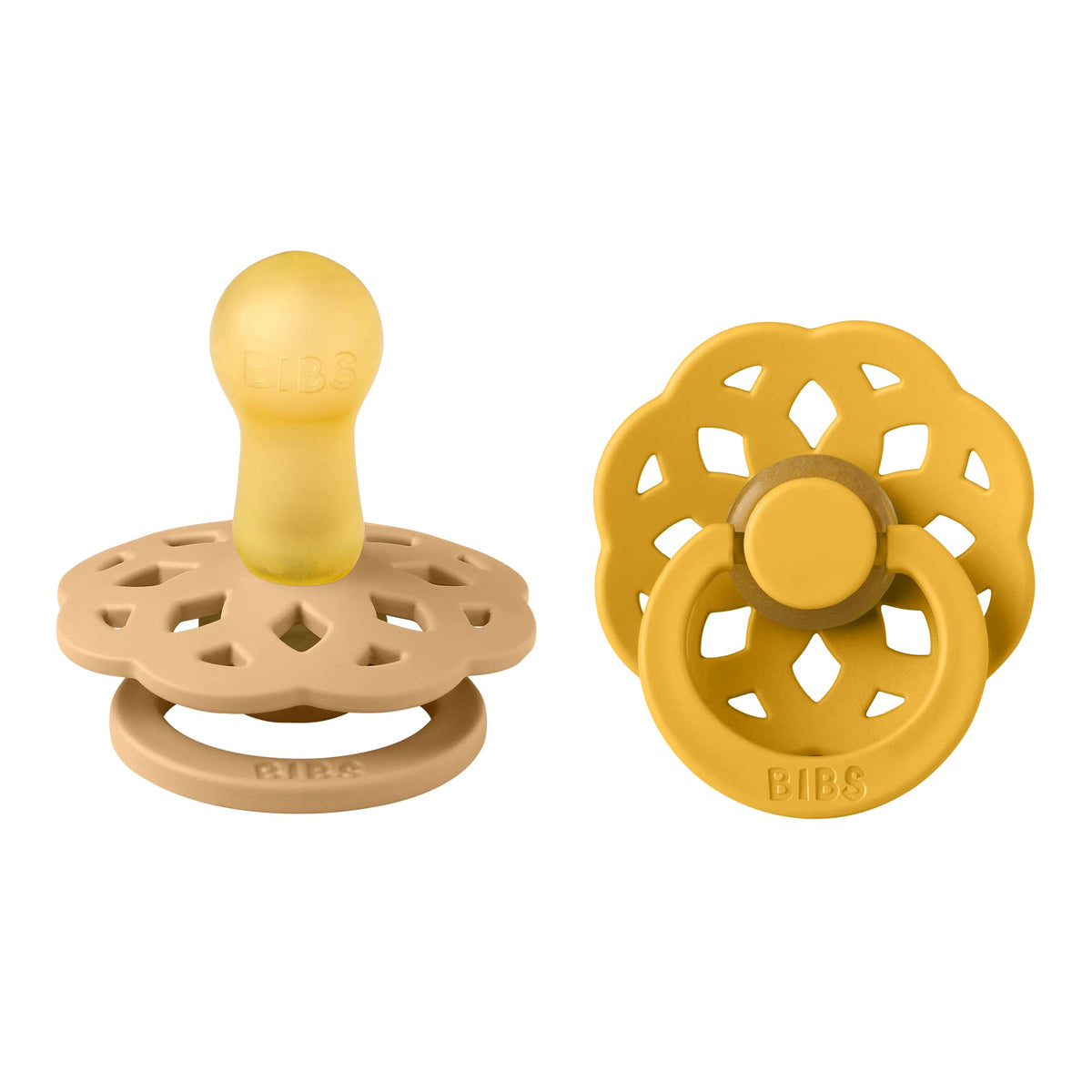 BIBS Boheme cherry shape pacifier 2-pack with natural latex for gentle soothing.