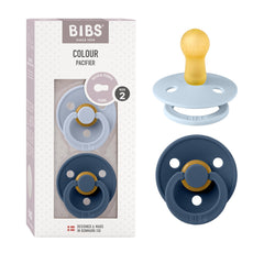 BIBS pacifiers in dusty blue and steel blue show timeless Danish design for gentle self-soothing.