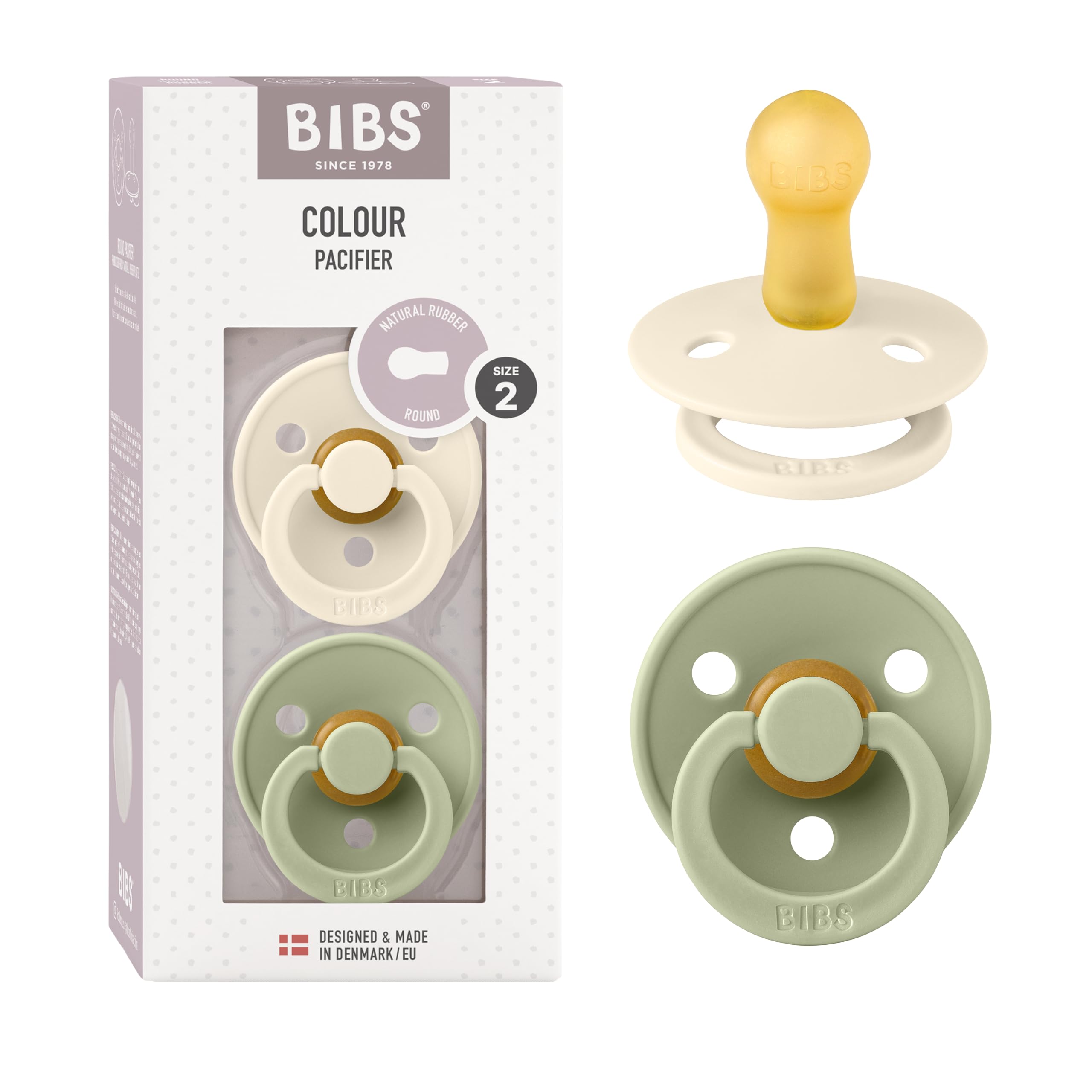 BIBS pacifiers colour collection in sage and ivory, two-pack for gentle self-soothing.
