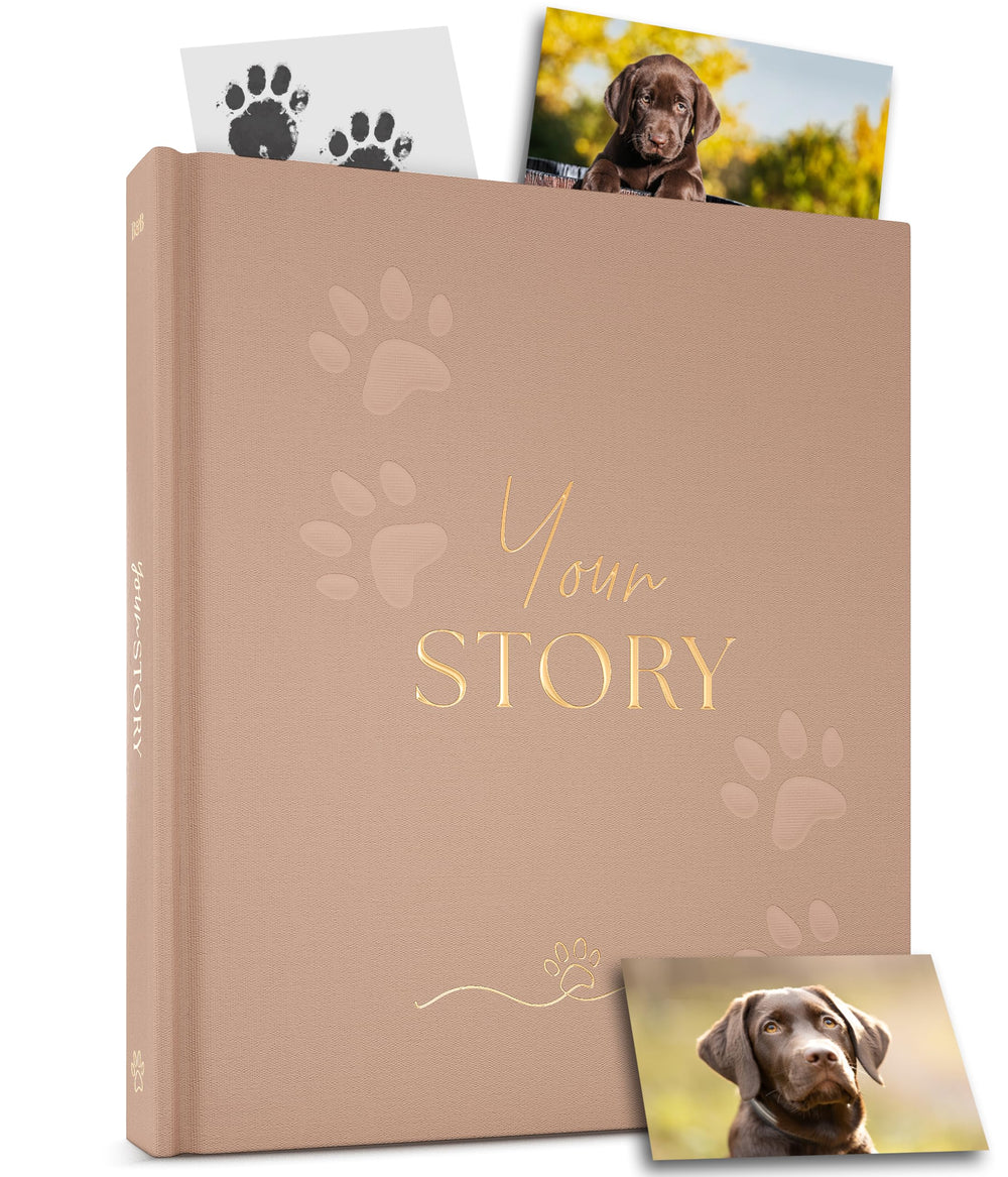 Bibi & Beau dog memory book cover with paw prints, a timeless keepsake.
