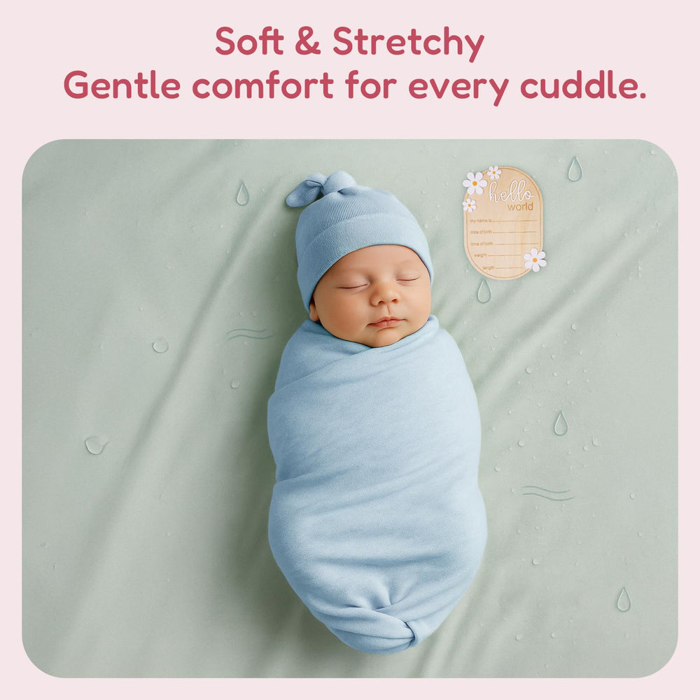 BIBIBLISSBABY 47x47 swaddle image emphasizes generous wrap size for newborns.