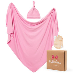 BIBIBLISSBABY stretchy swaddle blanket in soft pink provides comfortable snug wrap.