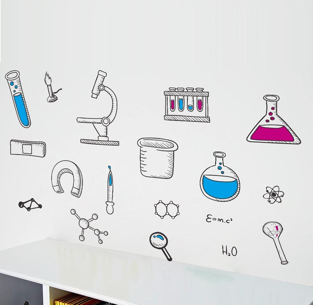 Bibitime science lab decals on a wall to enhance classroom decor and focus.