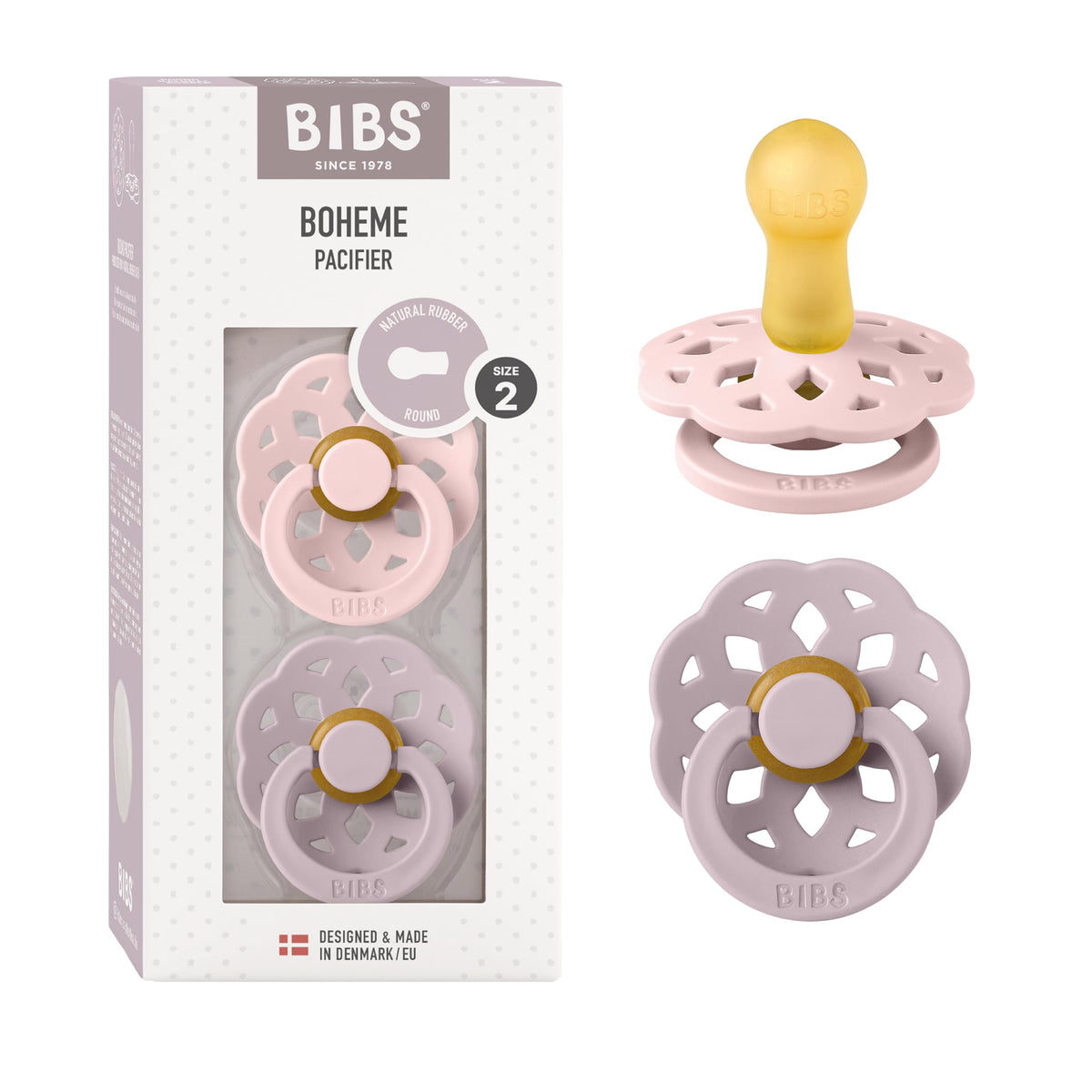 BIBS Boheme pacifier in blossom lilac for natural soothing and timeless style