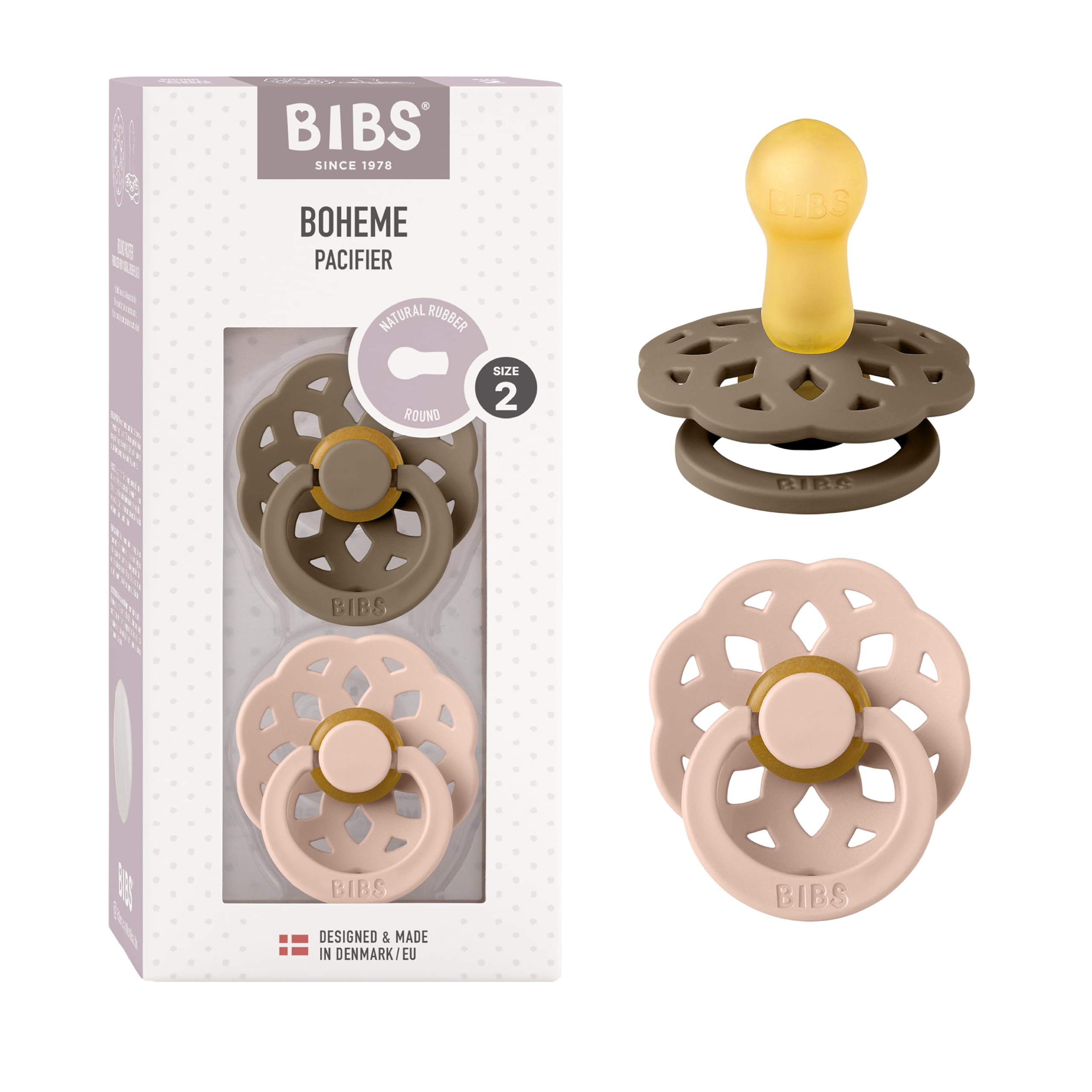 BIBS Boheme pacifier in dark oak and blush 2-pack for gentle soothing.