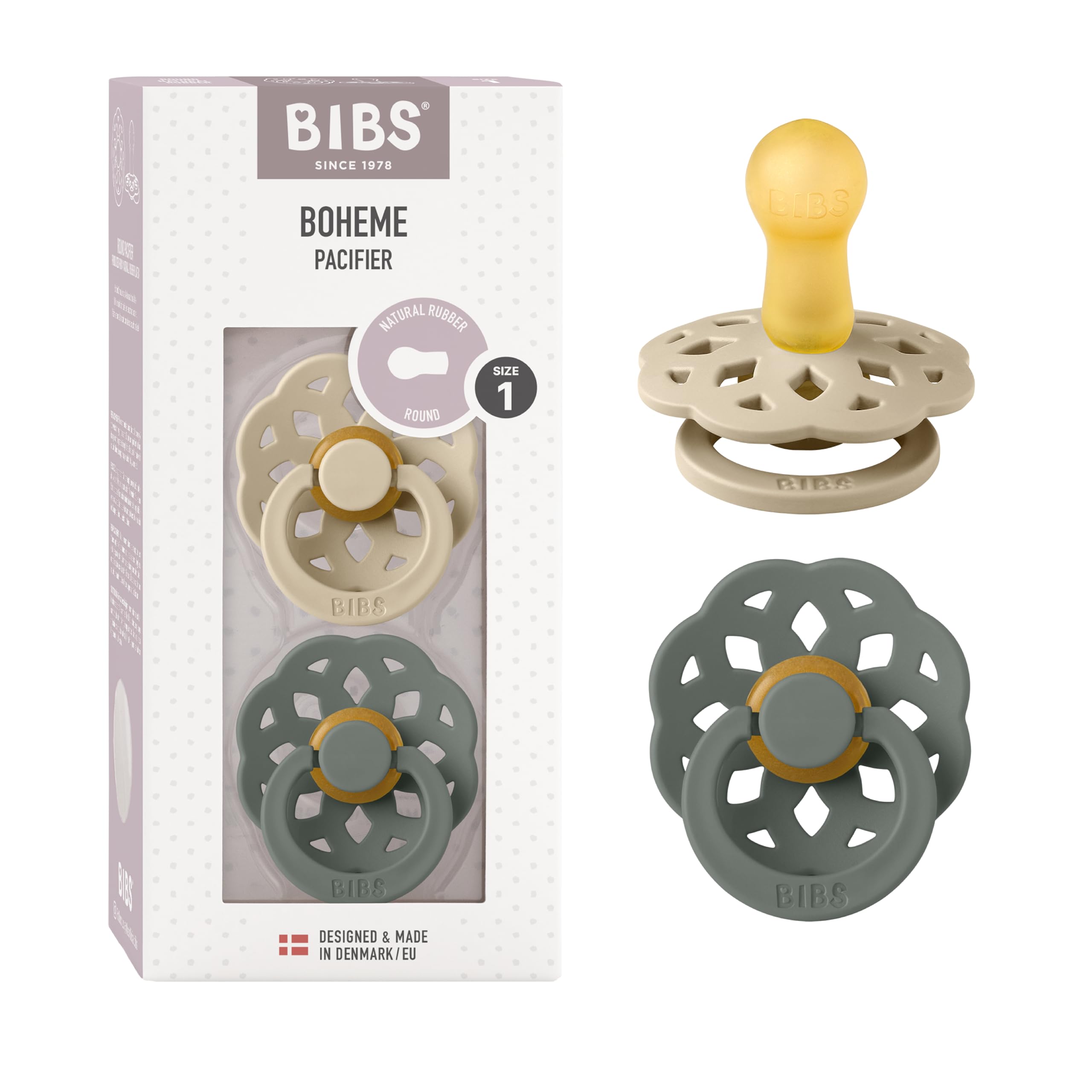 BIBS Boheme 2-pack pacifiers in vanilla and pine for newborn soothing
