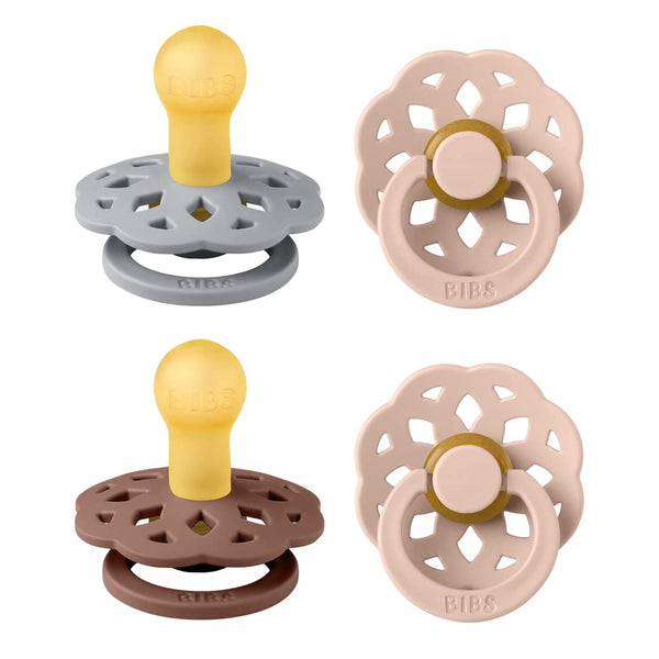 BIBS Boheme 4-pack pacifiers in soft colors for gentle soothing.