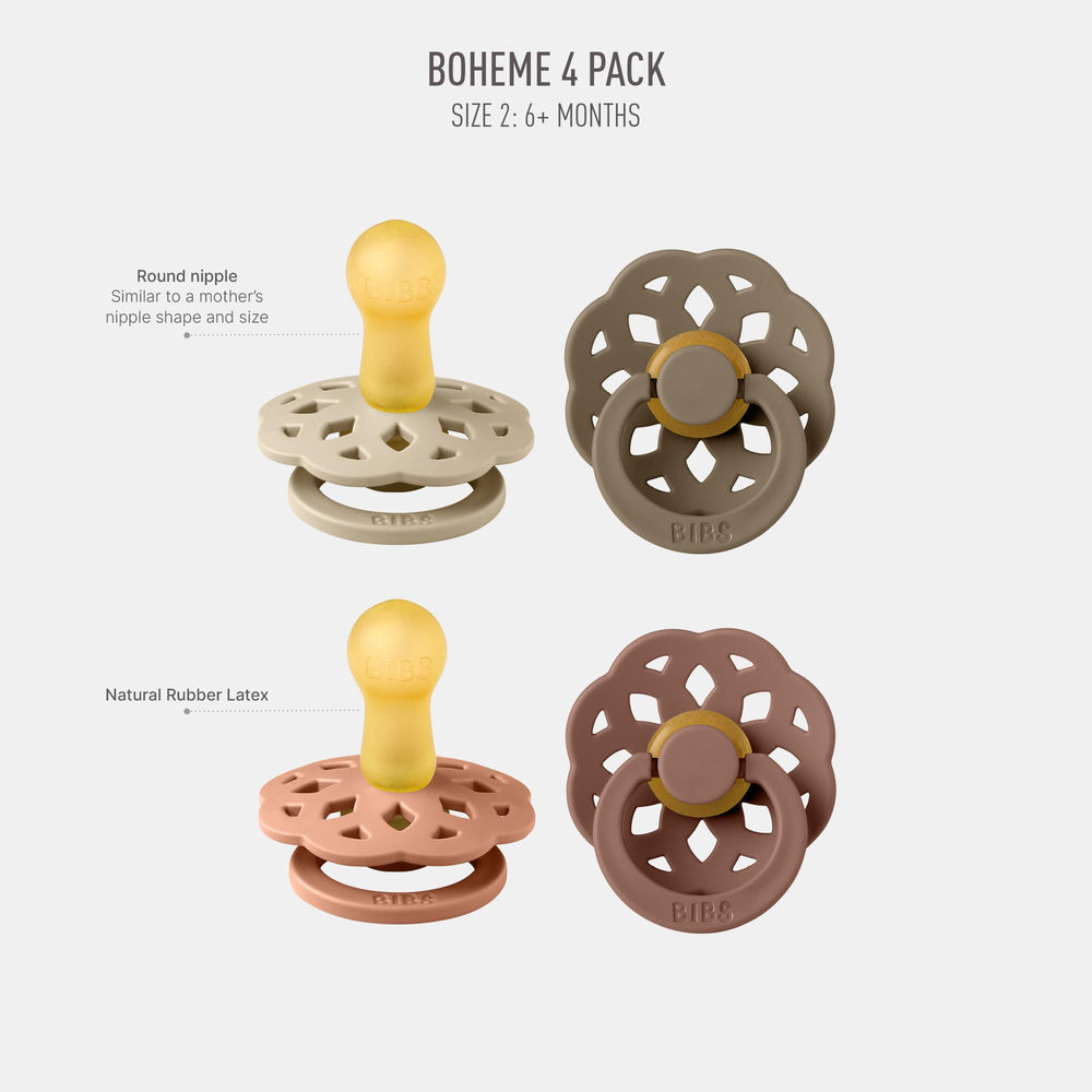 BIBS Boheme pacifiers in peach mix, color variety for baby comfort.