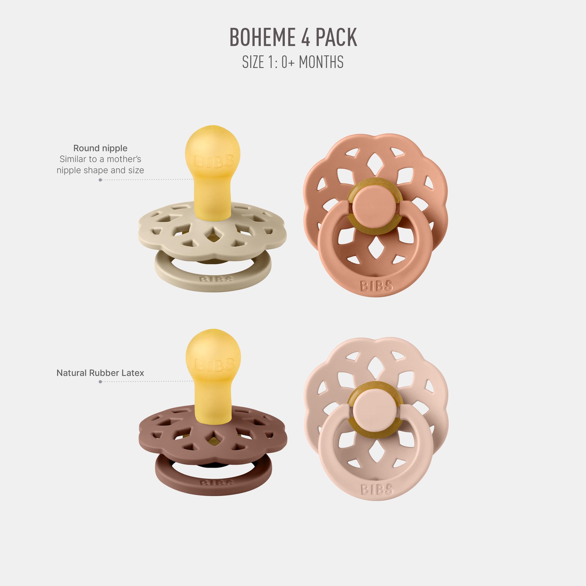 BIBS Boheme Soother round nipple closeup highlights natural latex softness for baby comfort