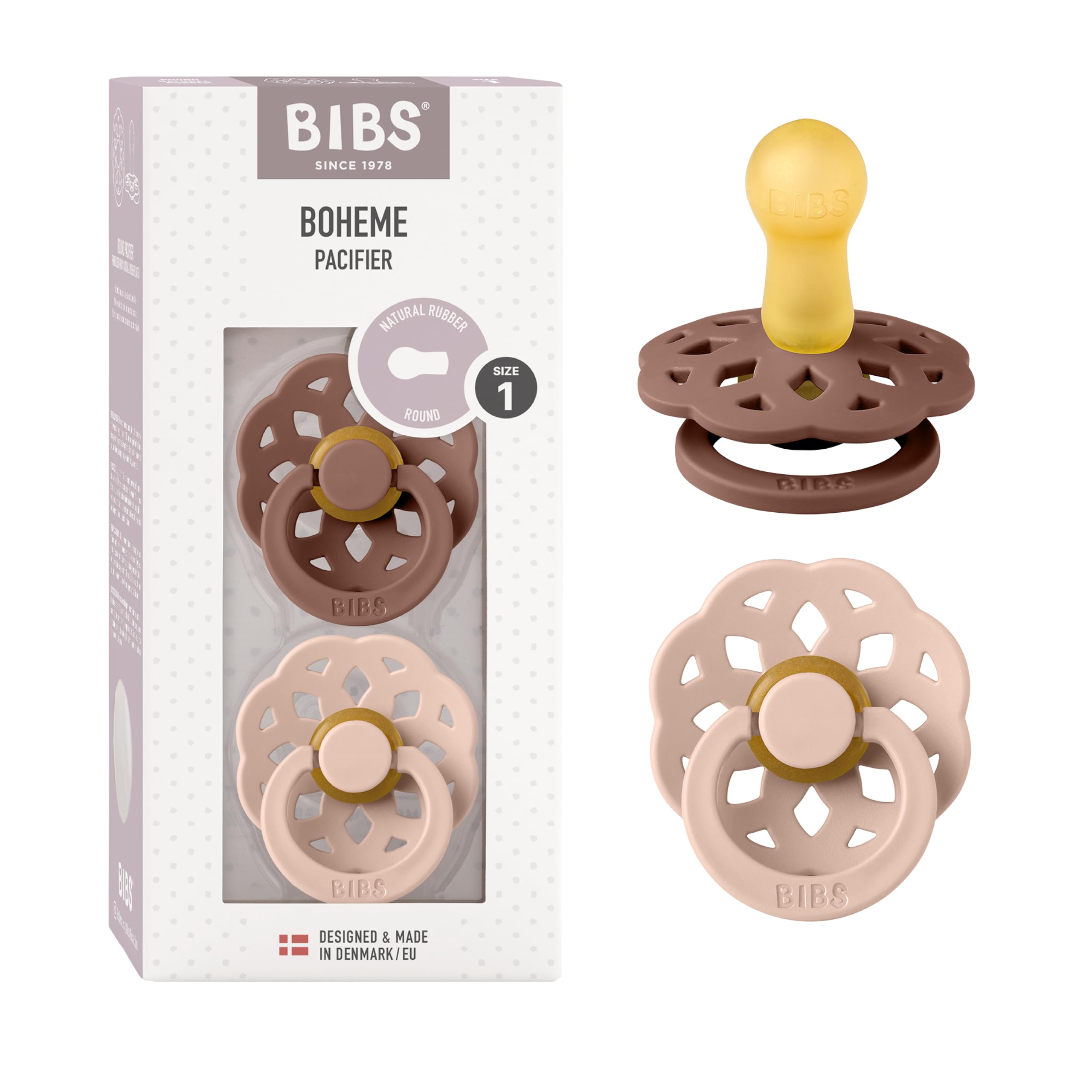 BIBS Boheme woodchuck pacifier in natural latex for soothing babies.