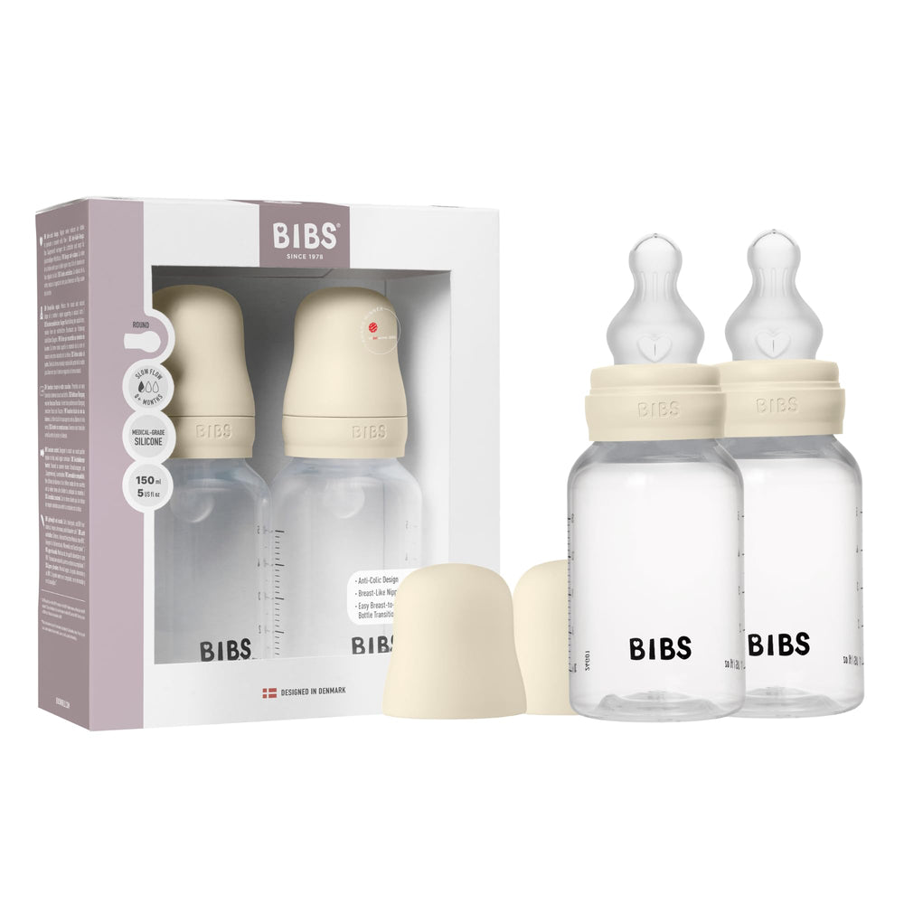 BIBS 5 oz ivory bottle with round silicone nipple for smooth feeds.