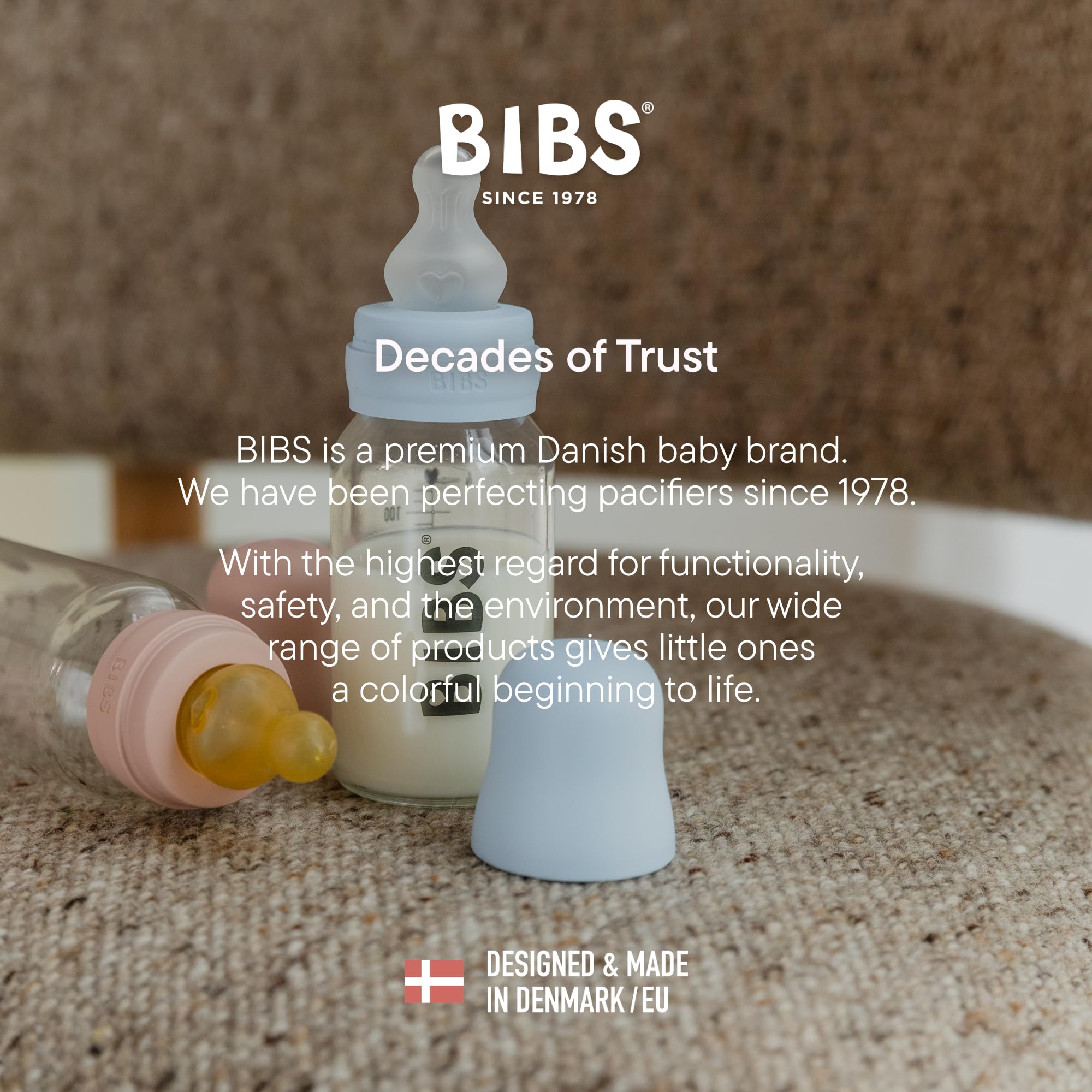 BIBS spill-proof milk lock and powder funnel included in ivory bottle.