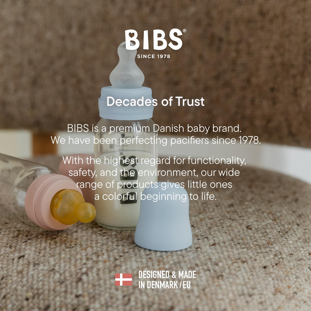 BIBS spill-proof milk lock and powder funnel included in ivory bottle.