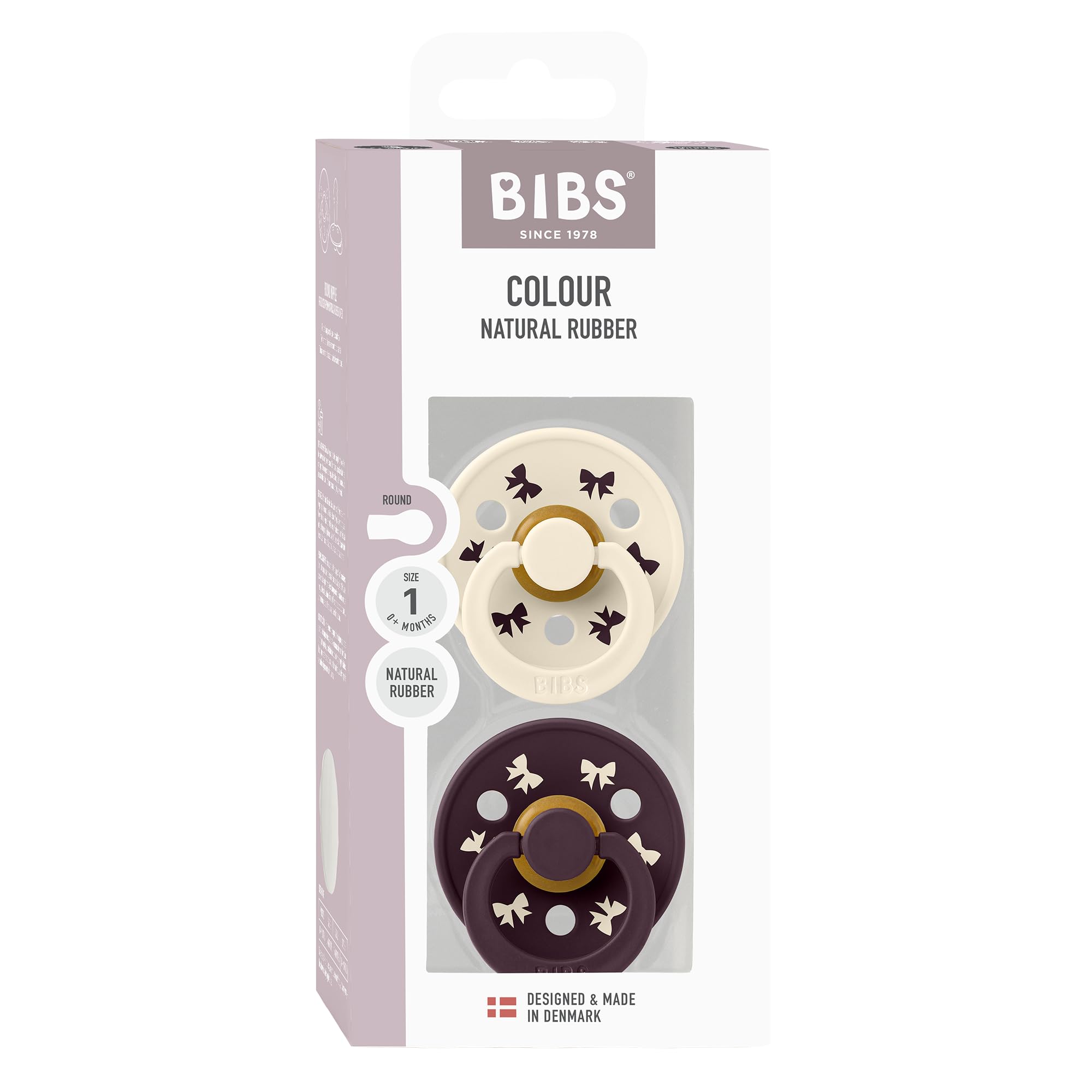 BIBS round nipple pacifier features a classic design for calming baby.