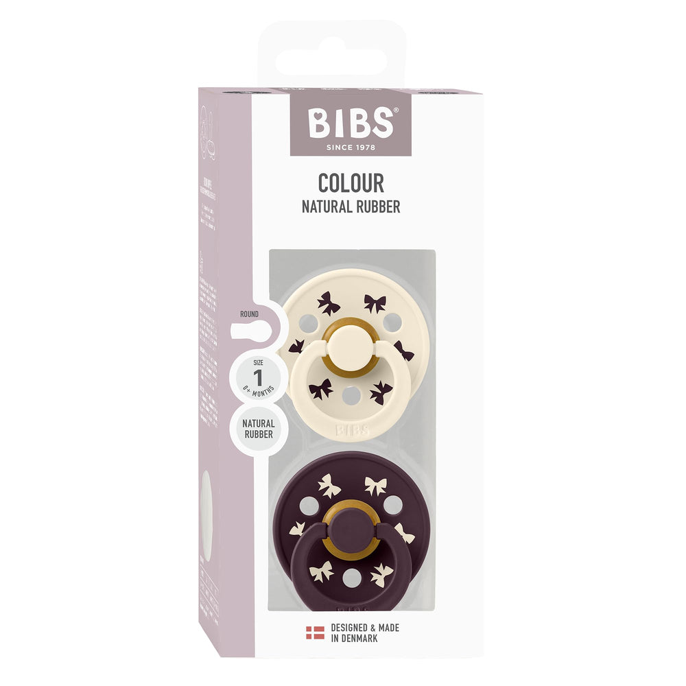BIBS round nipple pacifier features a classic design for calming baby.