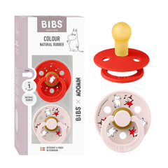 BIBS Colour Moomins pacifier 2-pack in Candy Apple and Petal for newborn soothing.