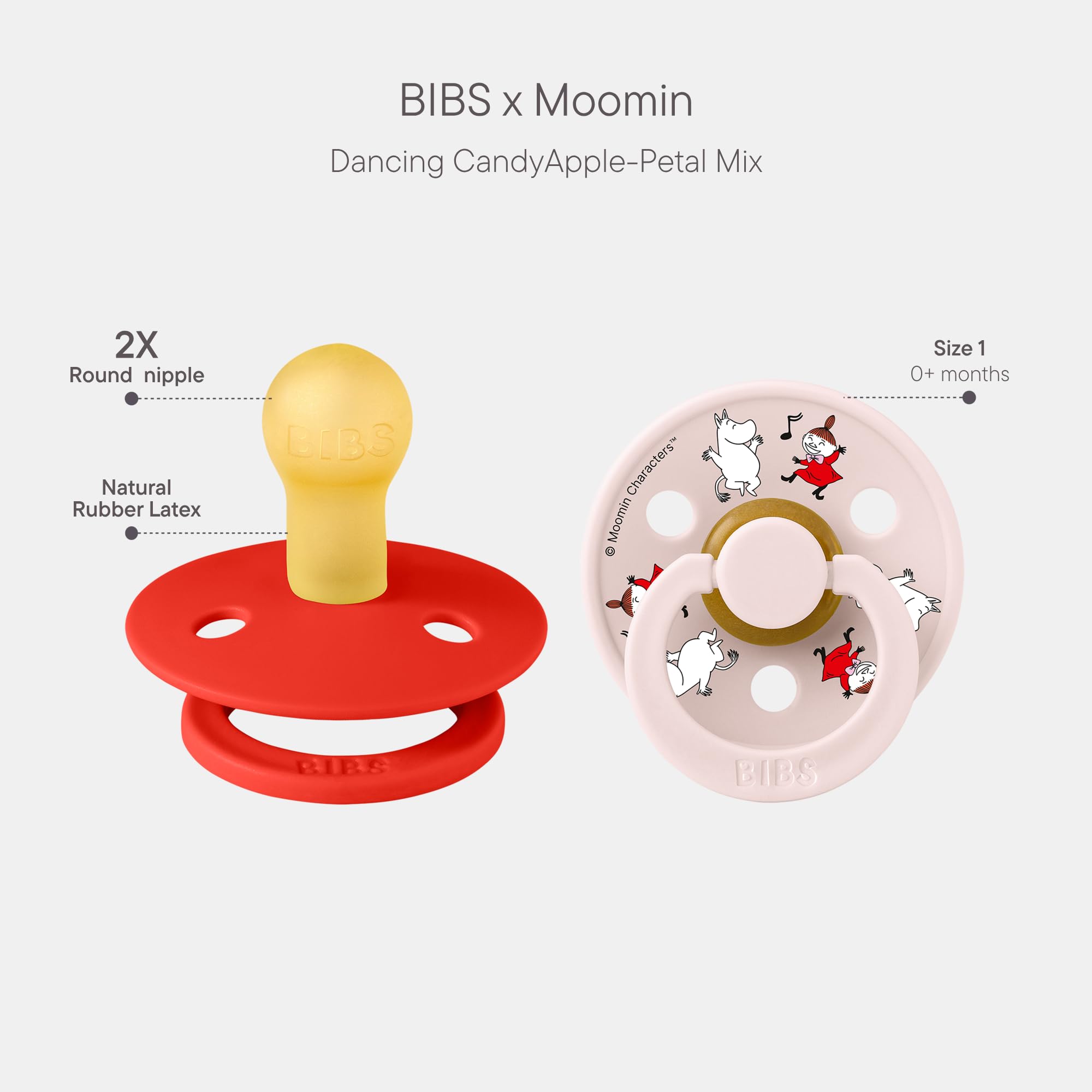 BIBS Colour Moomins pacifier with round nipple supports gentle latch.