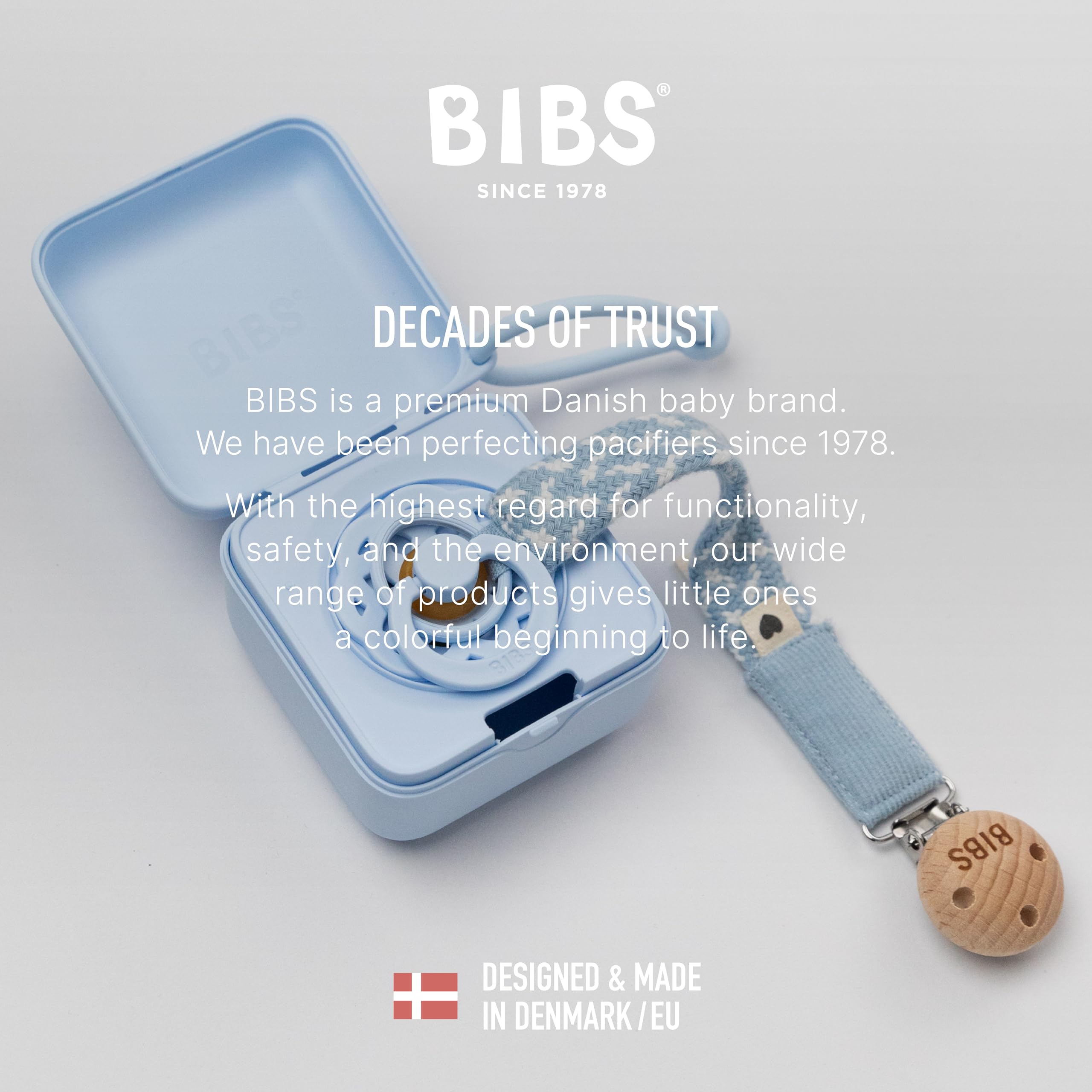 BIBS packaging highlights Danish craftsmanship and classic design.