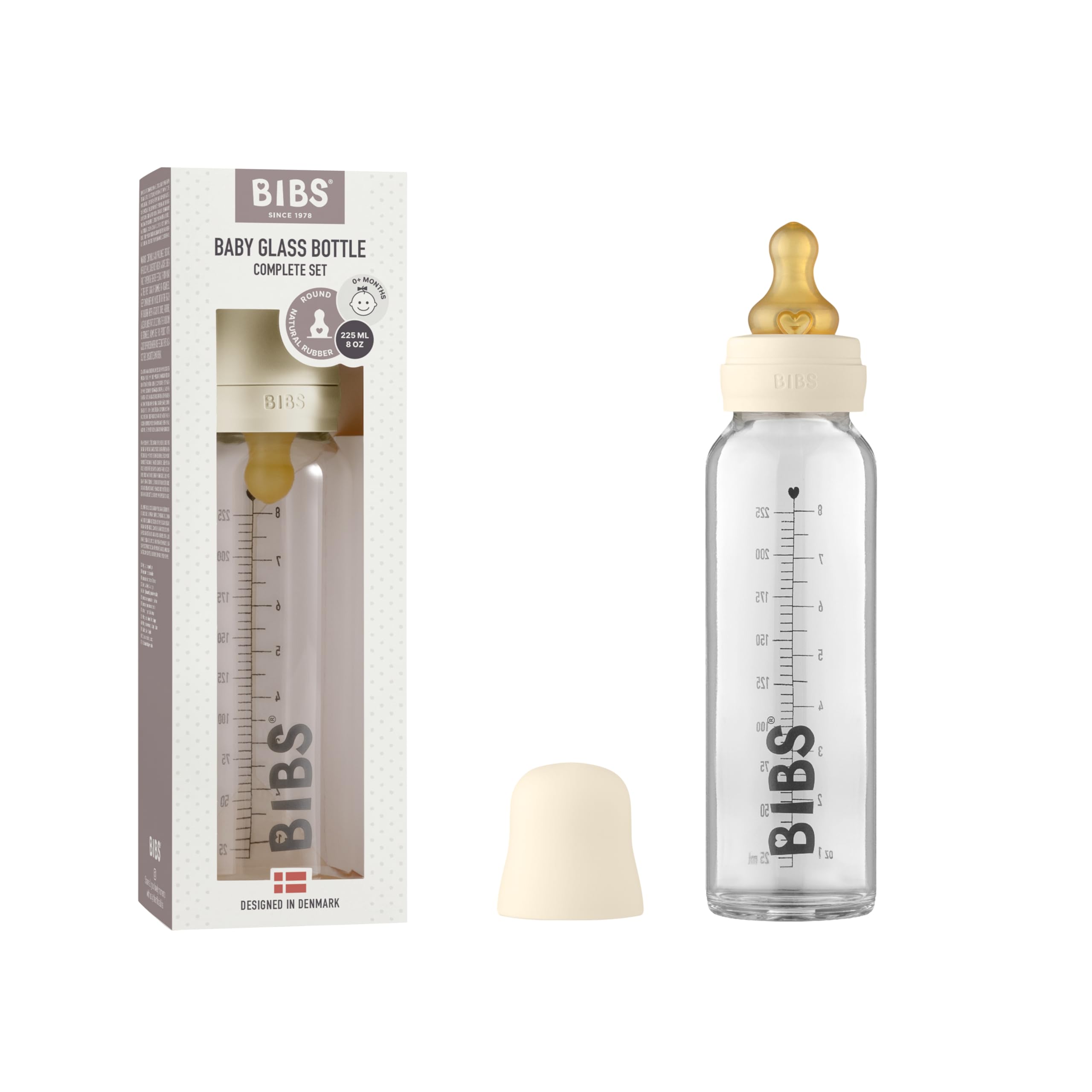 BIBS glass bottle 225ml ivory close-up, durable feeding for infants.