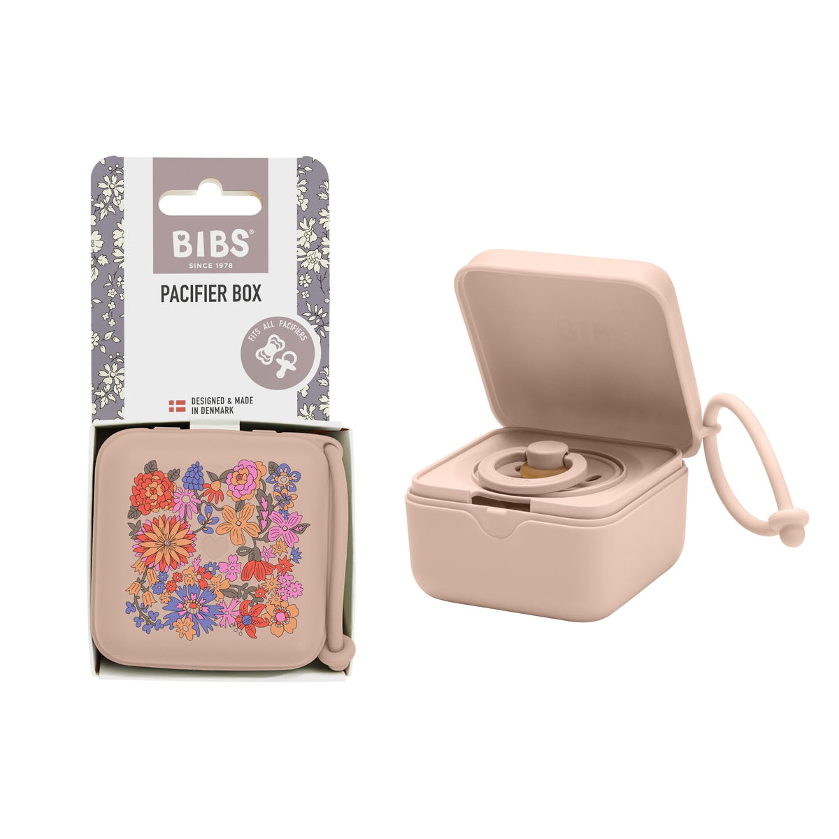 BIBS Liberty pacifier box with strap keeps pacifier secure for on-the-go use