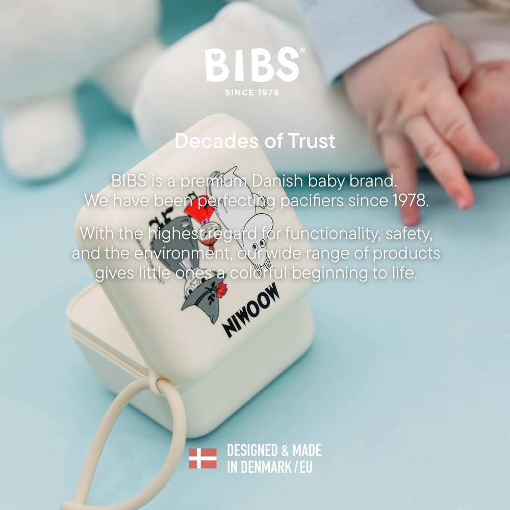 BIBS Moomins pacifier box travel-friendly solution for busy families.