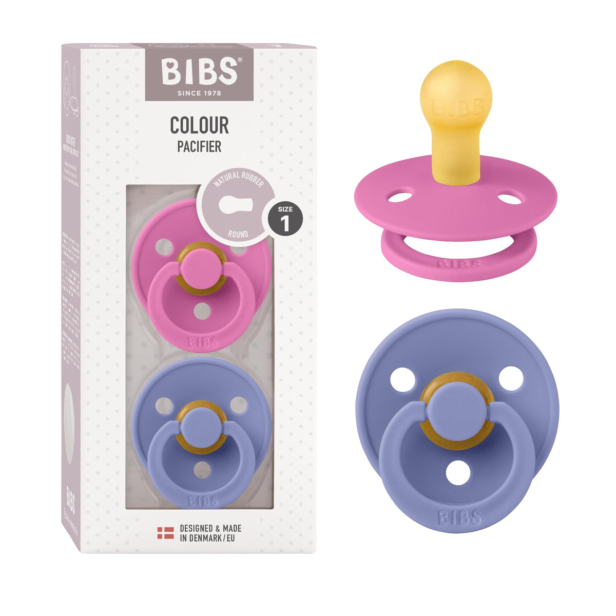 BIBS pacifier Bubblegum close-up shows natural latex softness for soothing comfort.