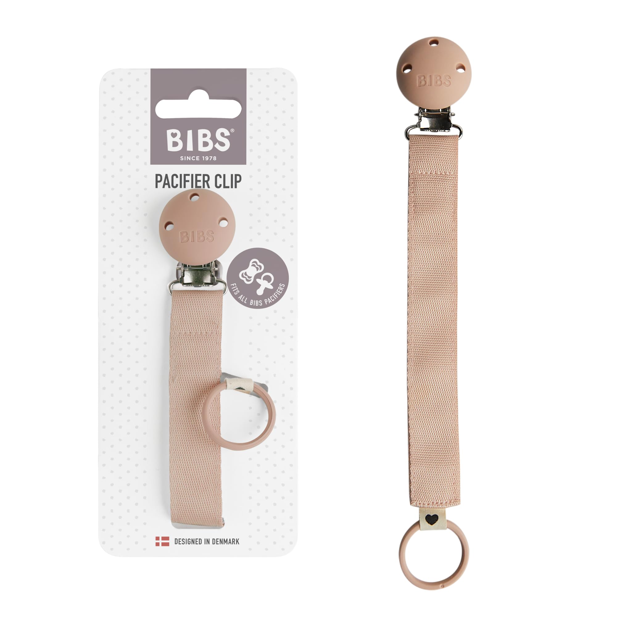 BIBS pacifier clip ribbon blush closeup showing durable webbing securely attaching pacifier to clothing