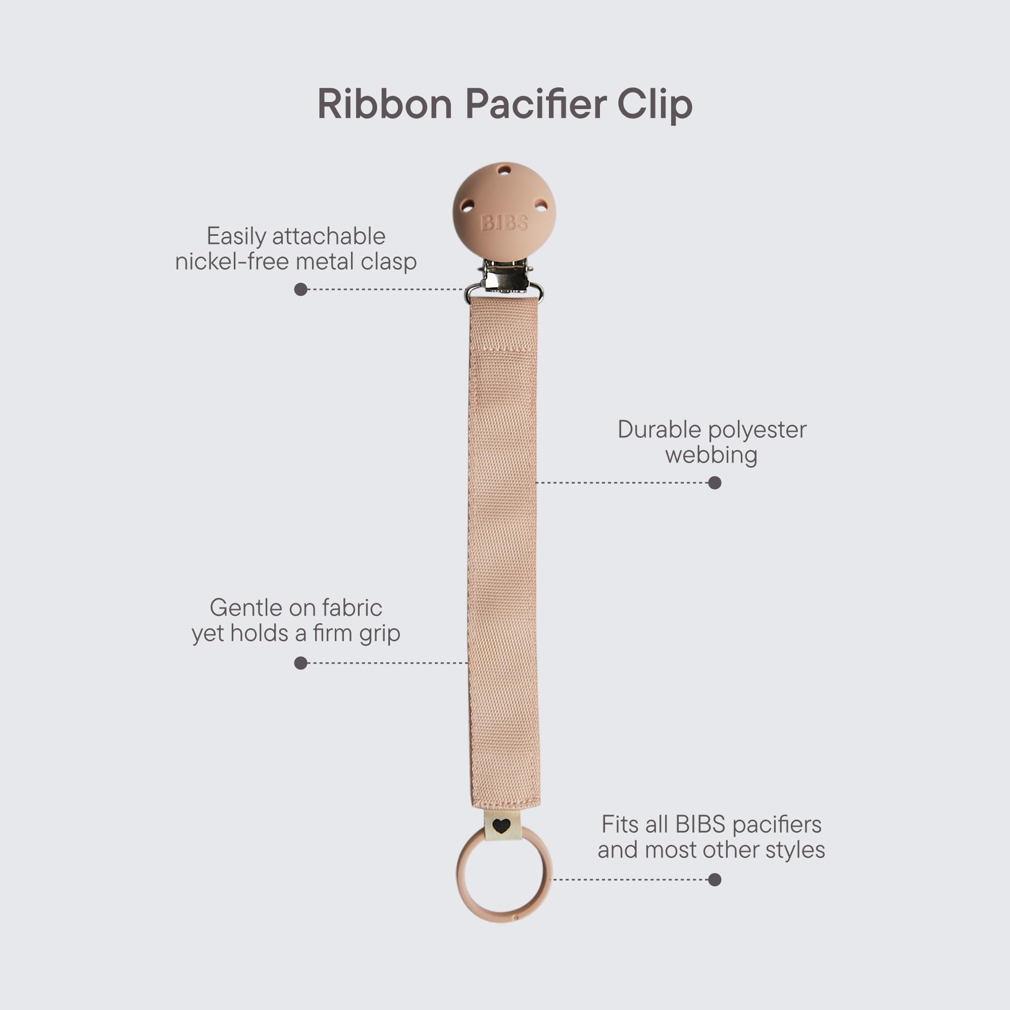 BIBS pacifier clip ribbon blush metal clip closeup highlights nickel-free safety for daily use