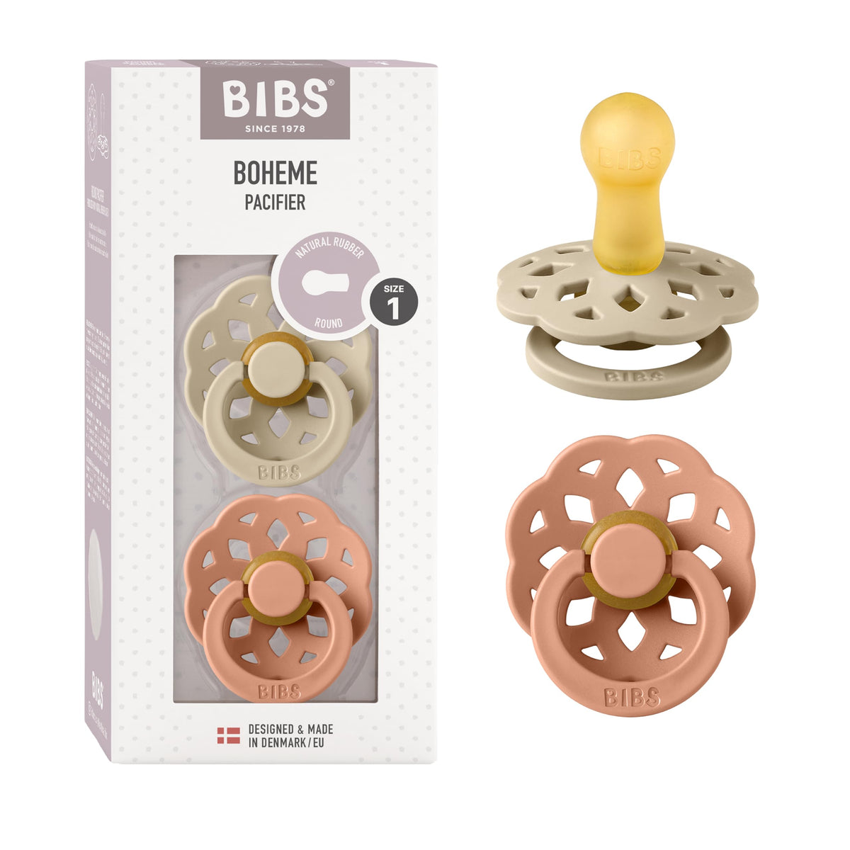 BIBS Boheme vanilla pacifier front view showing timeless Danish design and soothing look