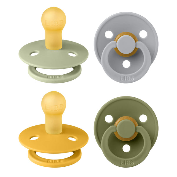BIBS Colour 4 Pack pacifiers in garden colors, cheerful design supports calm babies