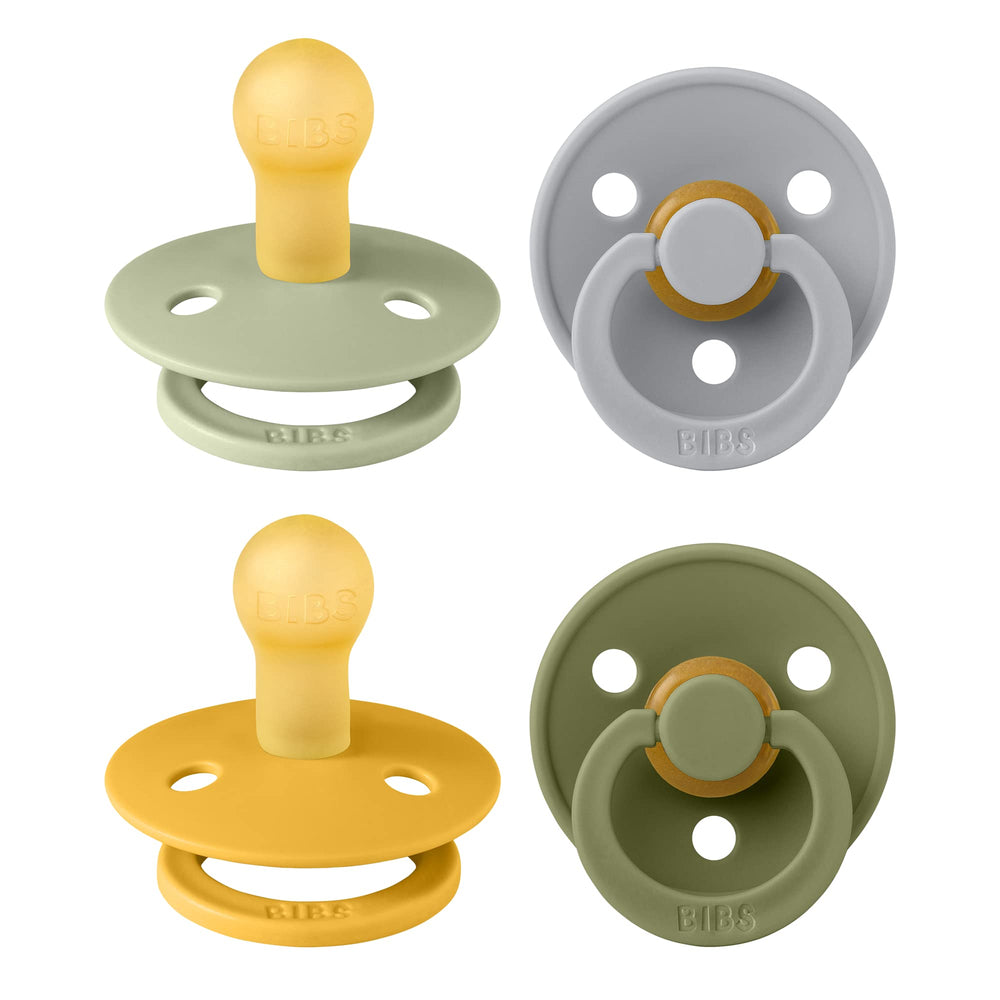 BIBS Colour 4 Pack pacifiers in garden colors, cheerful design supports calm babies